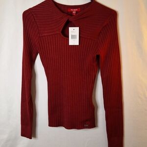 Guess Women's Deep Red Ribbed Long Sleeve Top